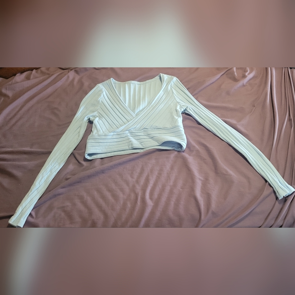Women's Ribbed Wrap Top - Light Blue